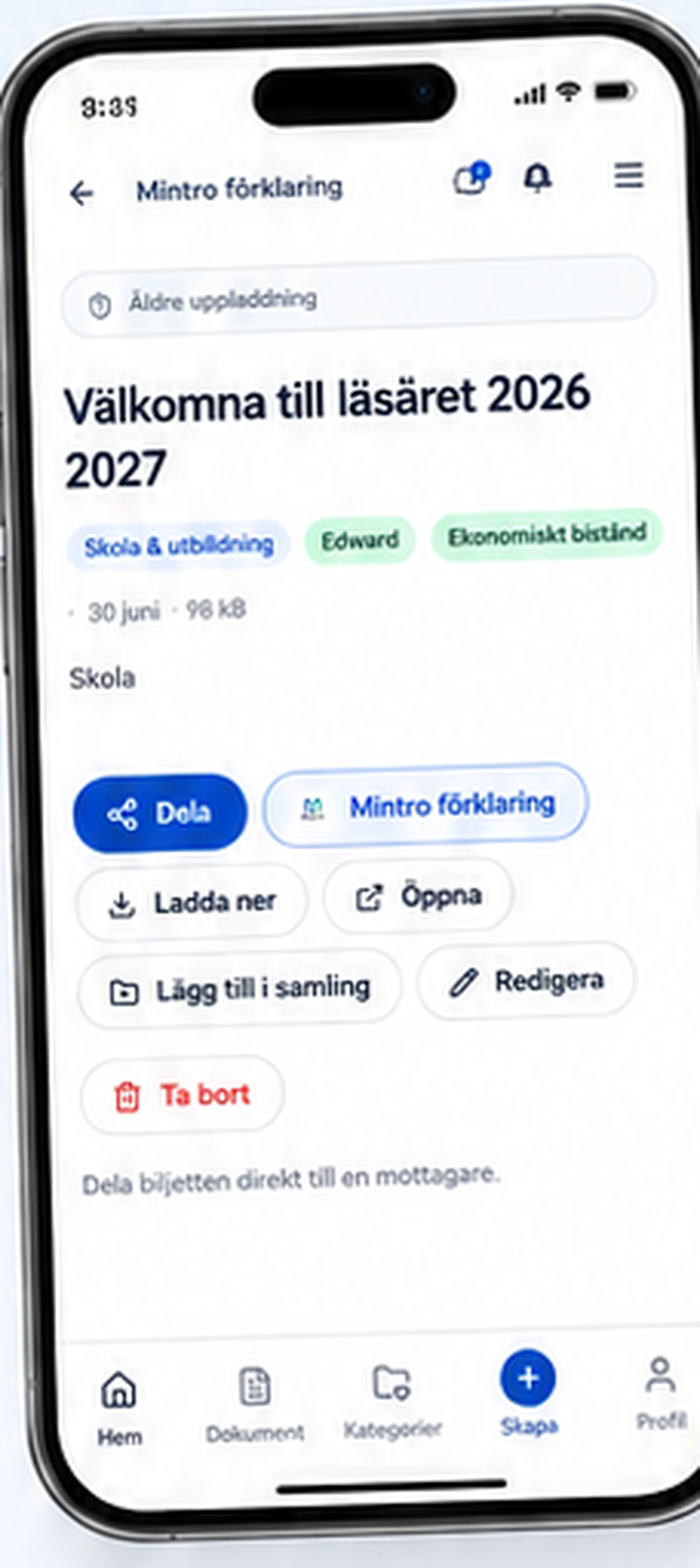 Dokumentvy i Mintro med knappar för att dela, öppna Mintro Förklaring och lägga till i samling